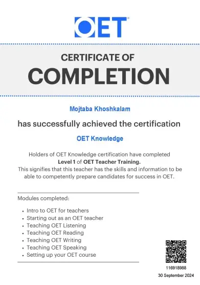 مدرک رسمی استاد مجتبی خوشکلام، مدرس تأییدشده آزمون OET